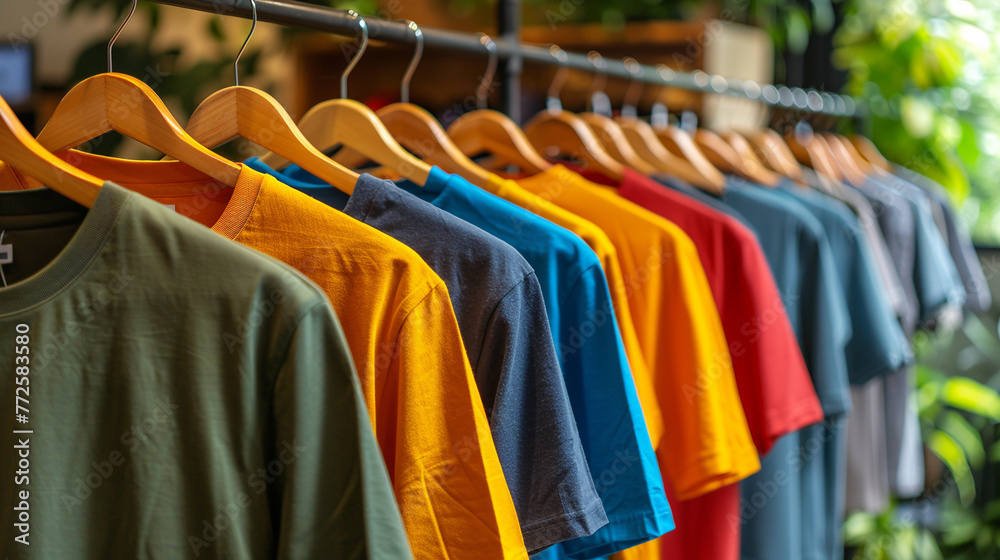Fototapeta premium Colorful T-Shirts hanging on the rack in the shop. AI.