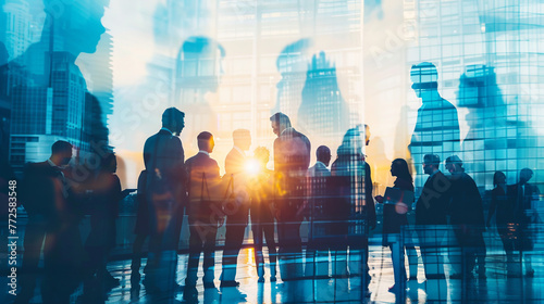 Silhouettes of business people walking on the background of the city. AI.