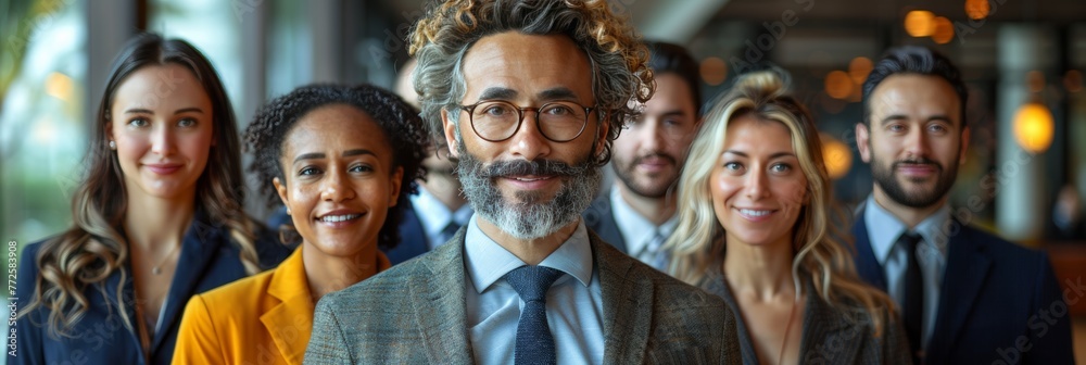 Diverse professionals smiling together in bright office setting Diverse professionals smiling together in bright office setting