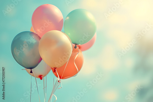 Multicolor balloons with a retro Instagram filter effect, concept of happy birthday in summer and wedding honeymoon party
