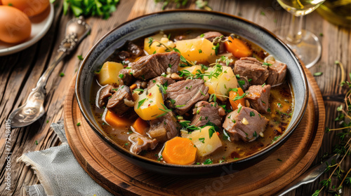 Beef stew in frying pan. Stewed potatoes with meat. Delicious traditional food