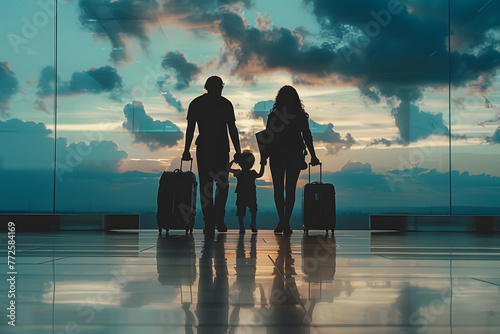 Family at airport travelling with young child walking to departure gate. Family vacation and holidays concept with silhouette of parents and kid. Travel lifestyle banner or background for air travel
