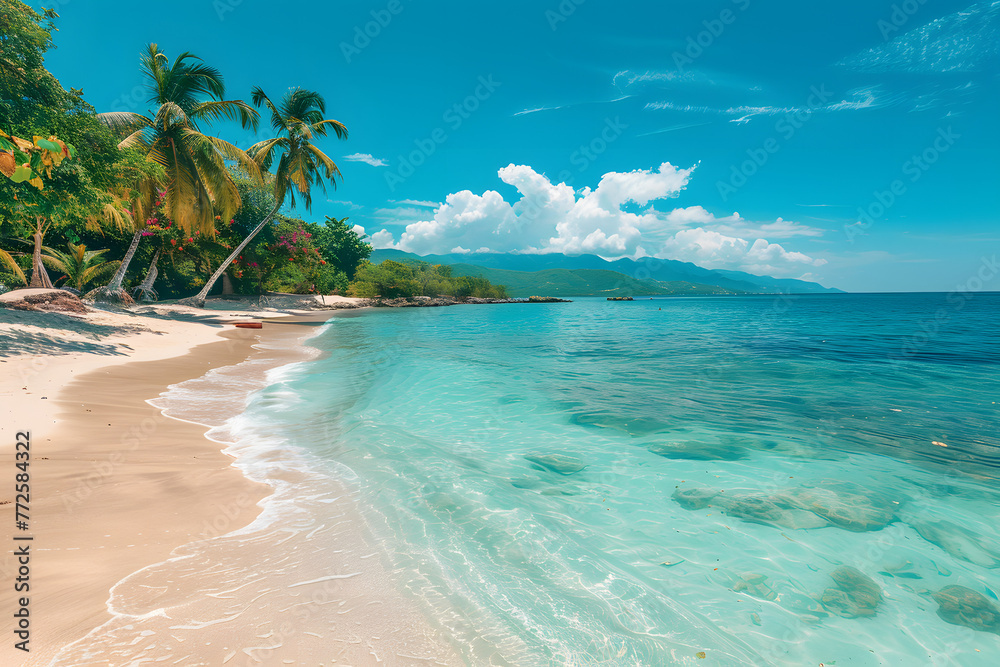 Beautiful beach with palms and turquoise sea in Jamaica island - obrazy, fototapety, plakaty 