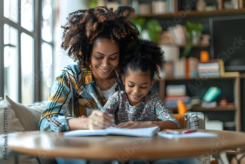 Cheerful woman helping her smiling daughter doing homework. Happy mother assisting her daughter with school homework in living room. 