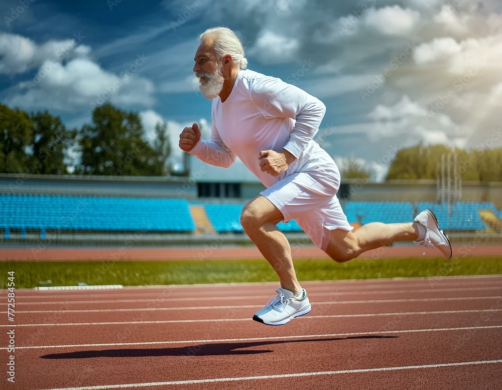 Fototapeta premium Silver Sprinter: Older Man in White Attire Races Across the Track