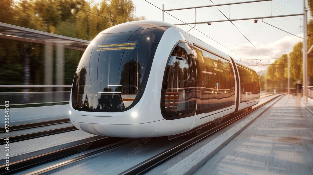 Modern Autonomous Train Speeding Through Urban Landscape at Sunset