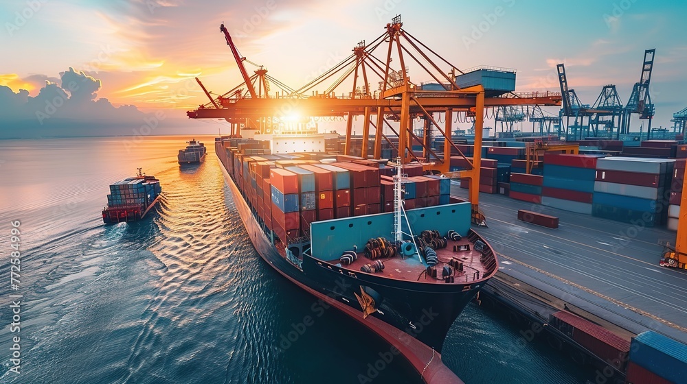 Fototapeta premium Container ship carrying container boxes import export dock with quay crane. Business commercial trade global cargo freight shipping logistic and transportation worldwide oversea concept. Generative AI