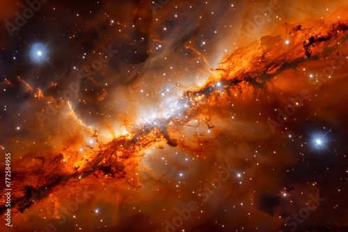 Red ribbon nebula birthplace of stars in deep space, galactic astronomy, brightly glowing celestial gas dust 