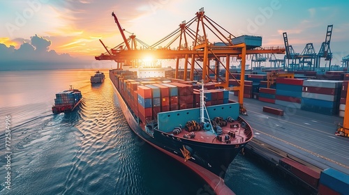 Container ship carrying container boxes import export dock with quay crane. Business commercial trade global cargo freight shipping logistic and transportation worldwide oversea concept. Generative AI photo