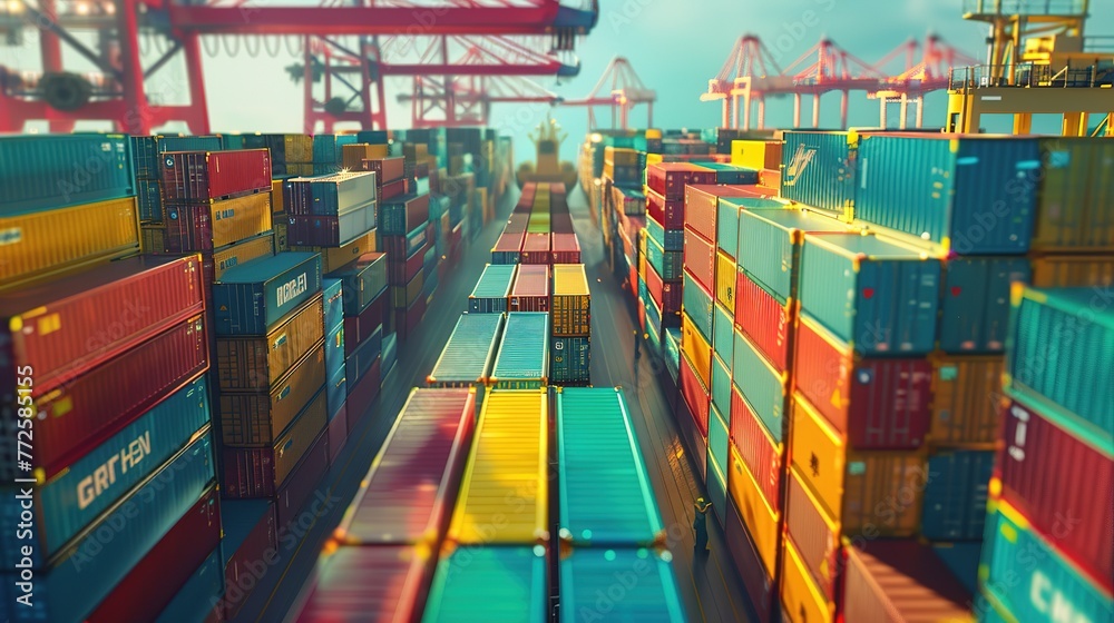 Container ship carrying container boxes import export dock with quay crane. Business commercial trade global cargo freight shipping logistic and transportation worldwide oversea concept. Generative AI - obrazy, fototapety, plakaty 