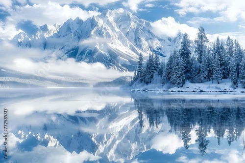 Majestic snowy mountain range reflected in a tranquil lake, stunning winter landscape