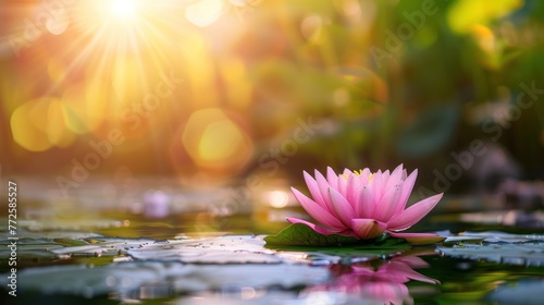 Beautiful lotus flower floating on water on natural blur background. AI generated image