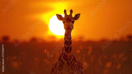 Animal wildlife photography giraffe with natural sunny view background. AI generated image © atapdesain