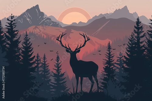 Majestic deer silhouette against mountainous forest landscape  camping and outdoor adventure concept  vector illustration