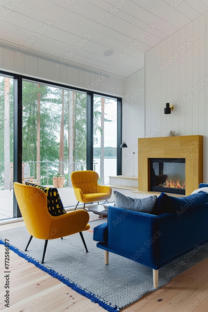 Fototapeta premium Modern living room with yellow chair and blue sofa by a cozy fireplace