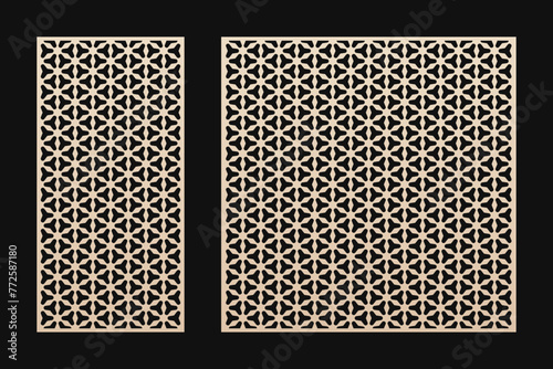 Laser cut patterns set. Vector decorative panels design with geometric ornament, abstract floral grid, lattice. Template for cnc cutting of wood, metal, plastic, paper, acryl. Aspect ratio 1:2, 1:1 photo