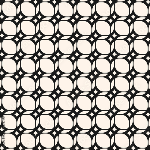 Vector monochrome geometric seamless pattern with rounded grid, lines, net, mesh, lattice, circles, curved shapes. Simple abstract black and white background. Geometric texture. Repeated geo design