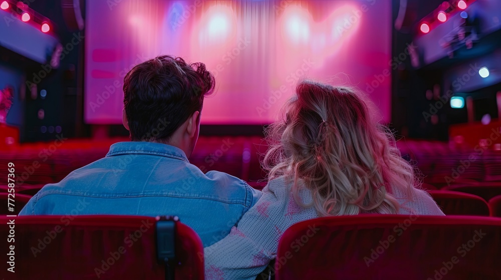 Couple boy and girl sits in movie cinema hall wallpaper background