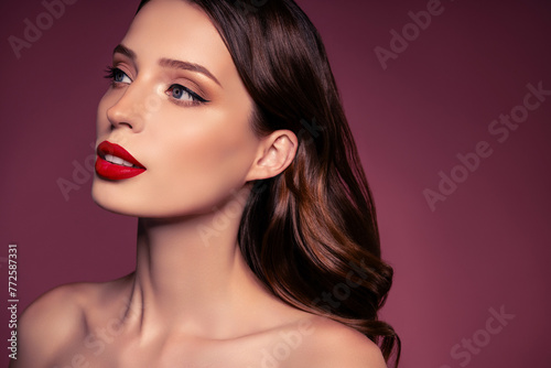 Photo of brunette hair lady with makeover look aside isolated over brown color background