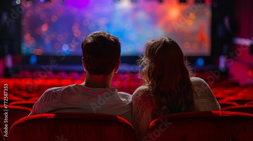 Couple boy and girl sits in movie cinema hall wallpaper background