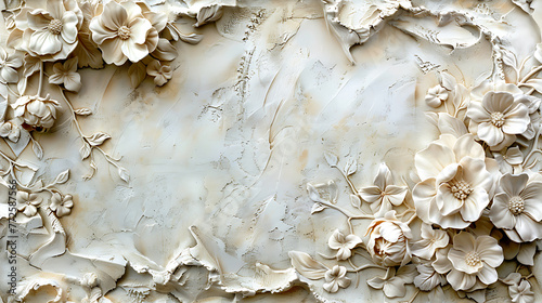 Venetian plaster texture with floral plasterwork,  beige background, high resolution decoration material © Kateryna Sharko