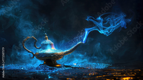 Genie's lamp - the fulfillment of three wishes. Magical glow effect photo