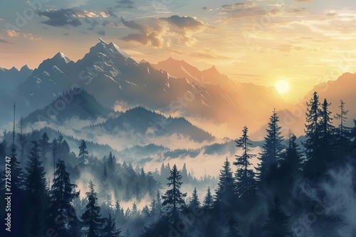 Misty mountains and forest landscape with fog at sunrise, photorealistic illustration, digital painting © Lucija