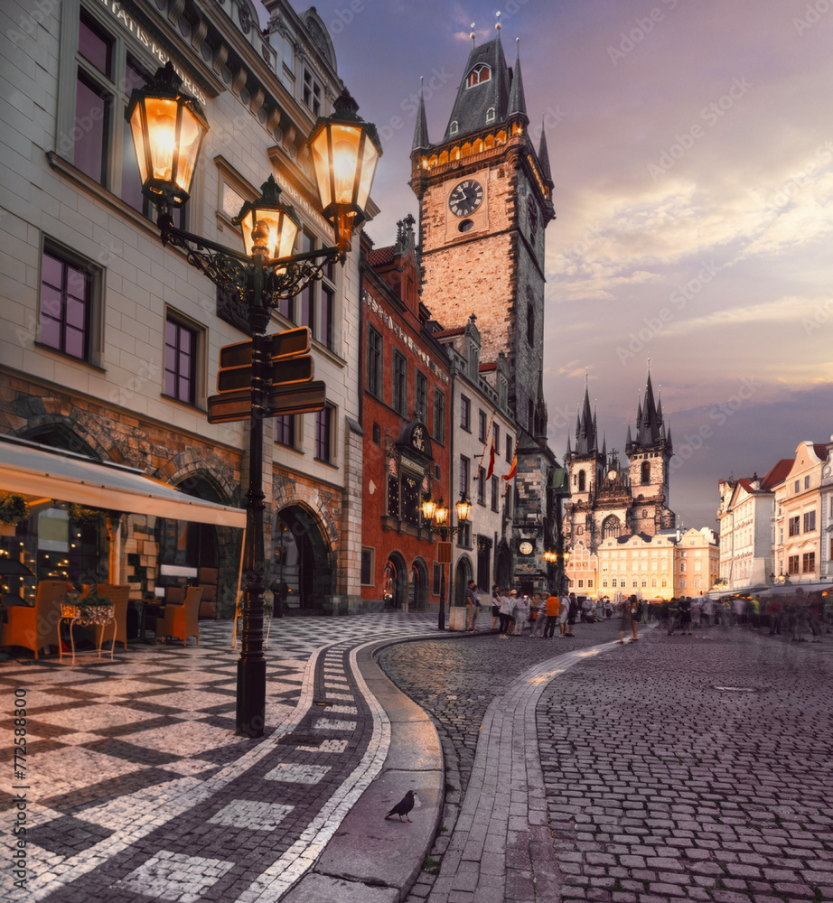 Twilight's Glow over the Old Town Hall and Tyn Church in Prague, Czechia