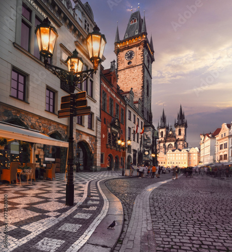 Twilight's Glow over the Old Town Hall and Tyn Church in Prague, Czechia