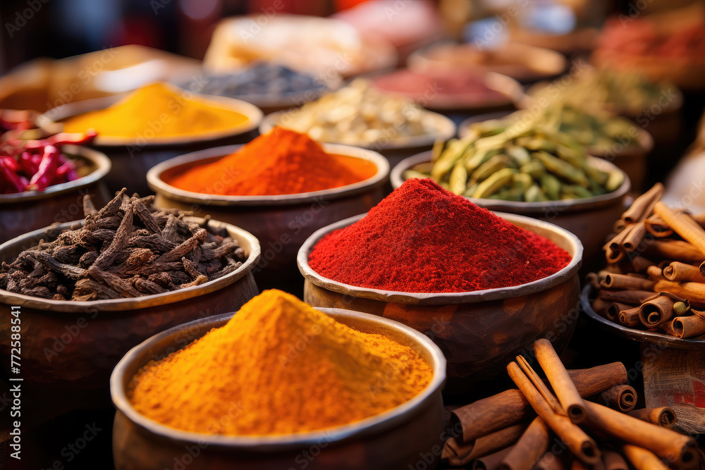 Variety of Exotic Spices Displayed in Bowls at Market