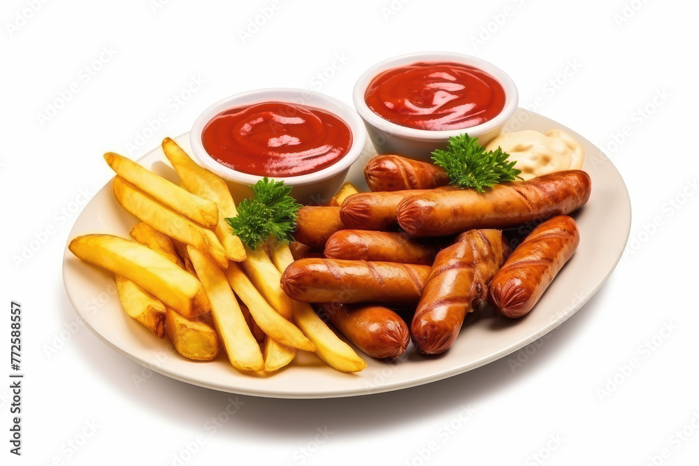 Grilled Sausages with Fries and Dips on Plate Grilled Sausages with Fries and Dips on Plate