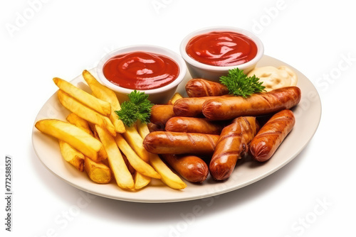Grilled Sausages with Fries and Dips on Plate