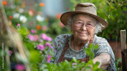 Grandmother woman gardener working in garden wallpaper background