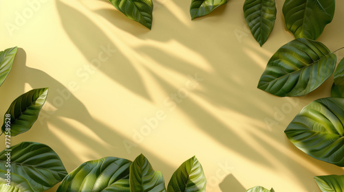 Minimalist pastel background with green leaves. Kratom leaves on pastel background. © Noize