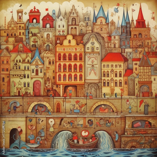 Whimsical Fantasy Cityscape with Whales and Boats