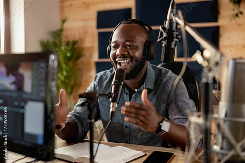 Man hosting online radio show, interviewing guest and recording podcast in studio, digital media concept photo photo