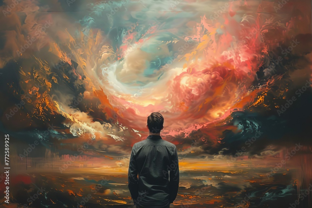 Man contemplating abstract painting of heavens in art gallery, exploring concept of faith, digital illustration