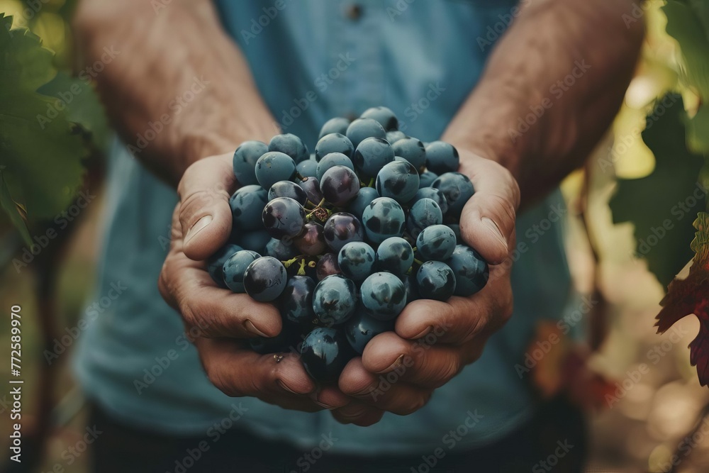 Male farmer's hands harvesting ripe grapes, viticulture and winemaking - obrazy, fototapety, plakaty 