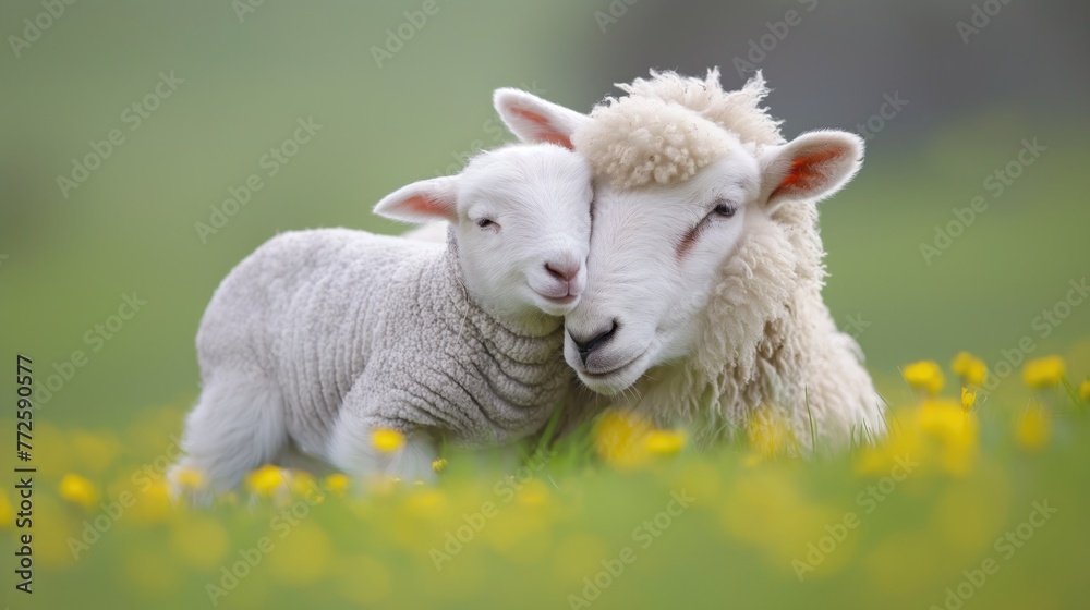 Two sheep graze in a grassy field of yellow flowers Two sheep graze in a grassy field of yellow flowers
