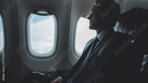 Business man sitting in airplane and looking at window wallpaper background