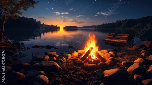 Campfire by the Lake Under a Starry Night Sky