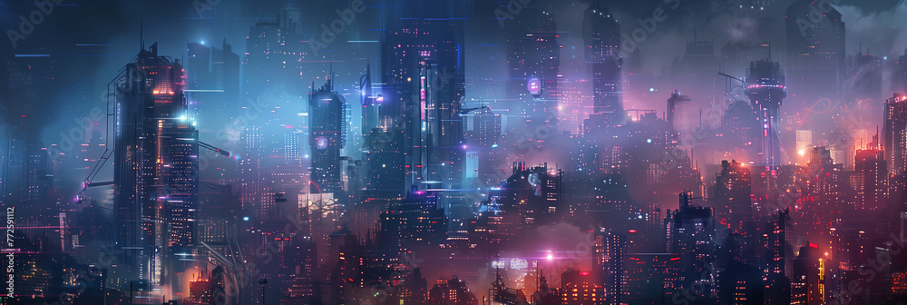 Fototapeta premium Illustration. Cyberpunk futuristic background panorama of big city. wide banner. Space for text. Mixed style painting. poster, business card, invitation, flyer, email, header. Generative Ai content