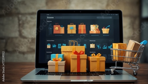Online shopping and delivery concept: a laptop screen showing a digital storefront with a shopping cart icon, packaged products, sale offers, and boxes symbolizing the buying process.