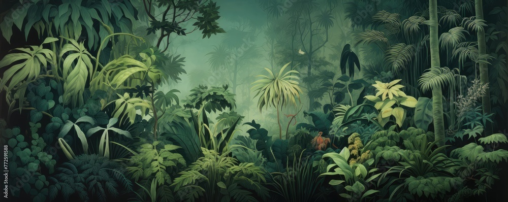 Enigmatic Tropical Rainforest in Misty Panoramic View