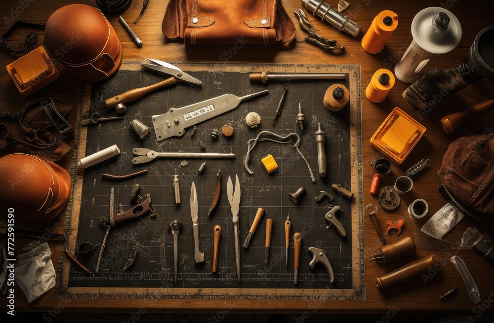 Fototapeta premium Vintage Workshop Tools Arrangement on Wooden Table