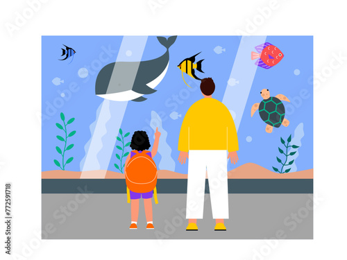 Father took his daughter to giant aquarium. Zoo vector illustration