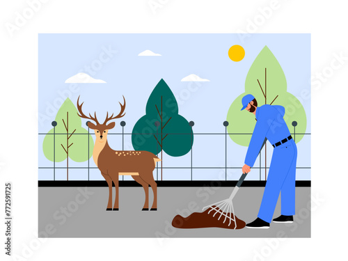 Man cleaning deer droppings. Zoo vector illustration