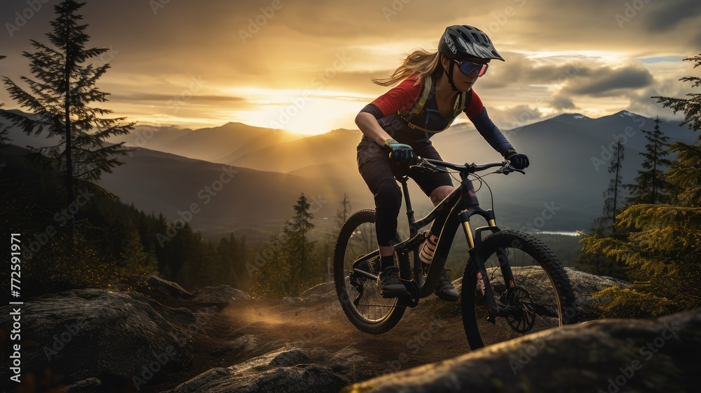 Female Cyclist Riding Mountain Bike at Sunset