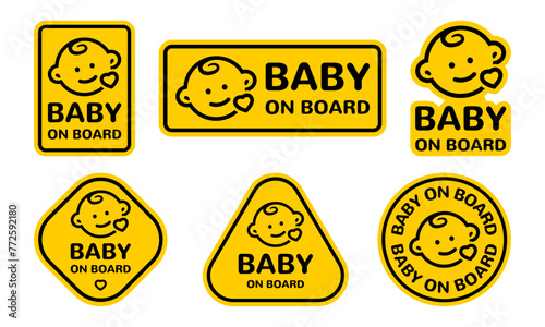 A Collection of Baby on Board Sticker in Black and Yellow. Child Car Safety Adhesive. Warning Sign
