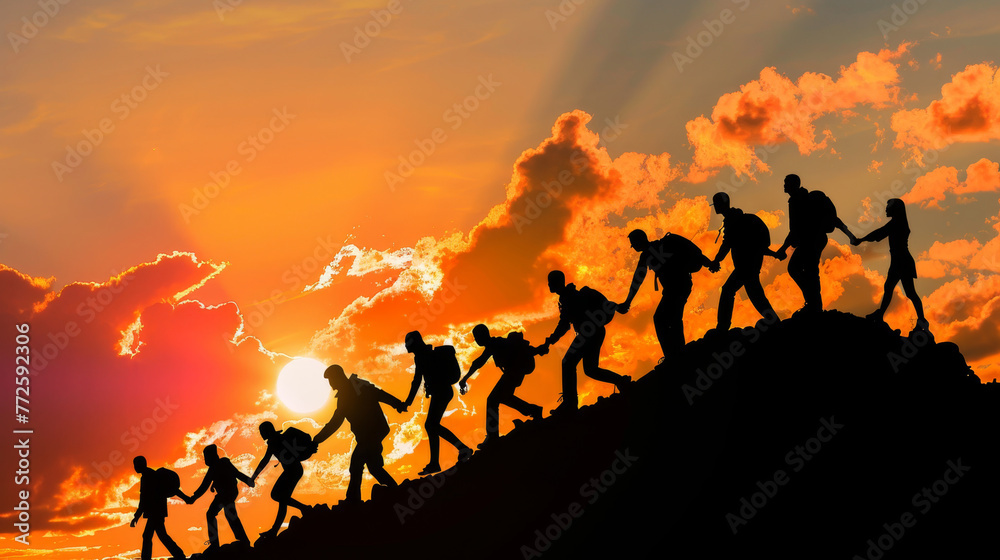 A group of people are climbing a mountain together